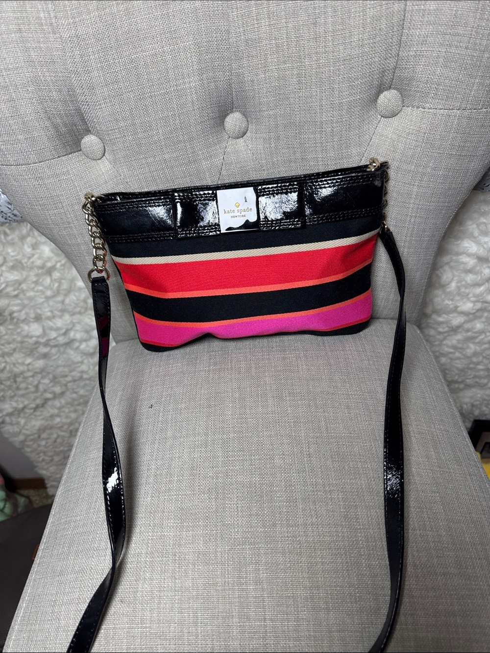 kate spade Patent Trim Striped Crossbody in Black, Red & Pink